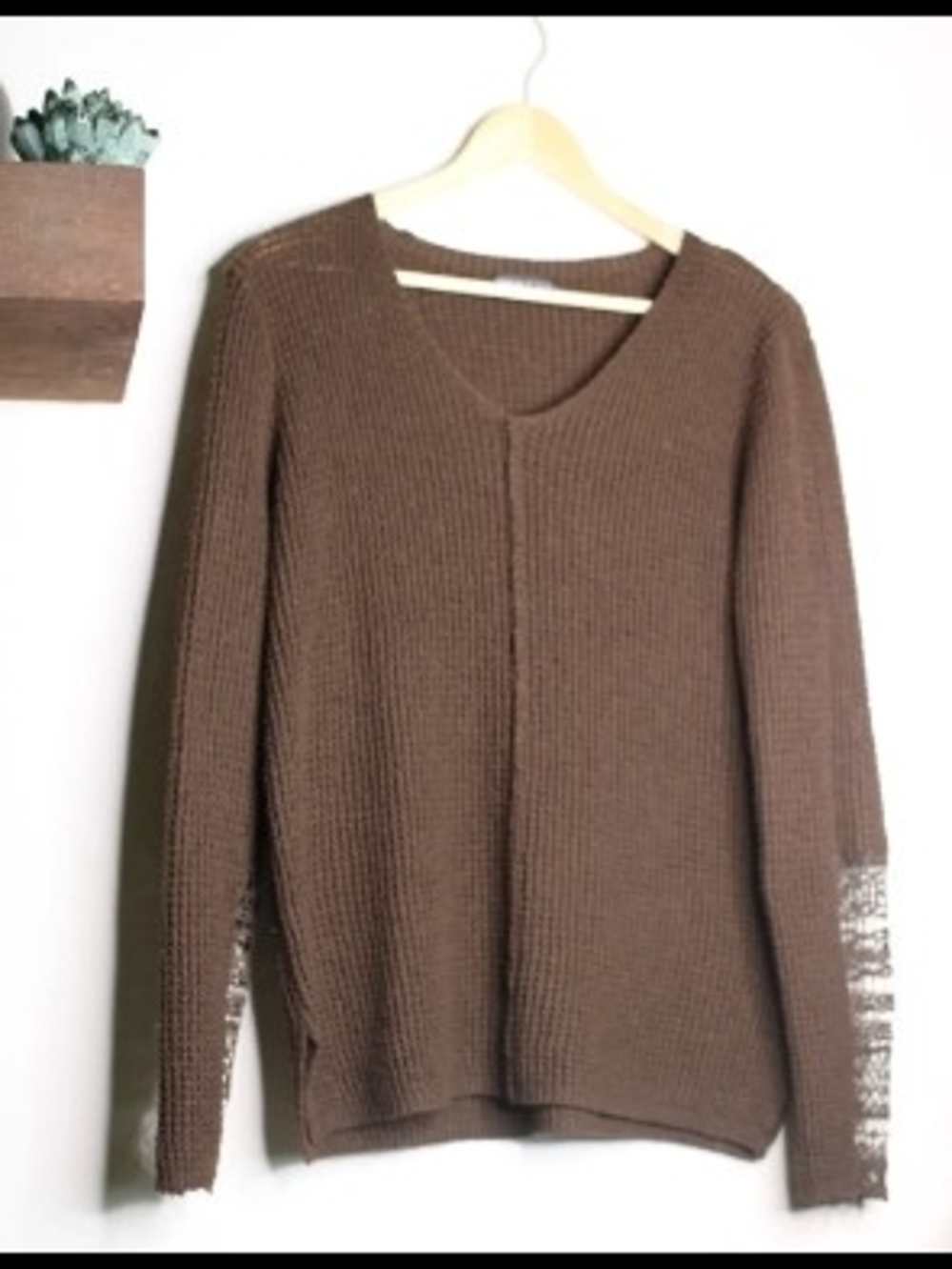 SHEIN Brown V-Neck Chunky Knit Pullover Sweater